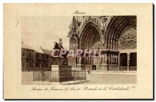Cartes postales Reims Statue de Jeanne d'arc et portails de la cathedrale