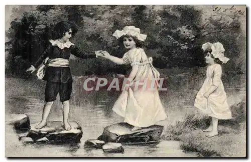 Fantaisie - Enfant - Girl hopping across water with puffed bonnets - Ansichtskarte AK