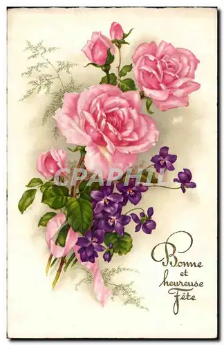 Fantaisie - Bonne et Heureuse Fete - Leurs - Rose - Flower - Cartes postales