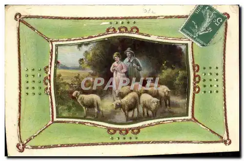 Fantaisie - Couple - avec moton - relief dore - Cartes postales