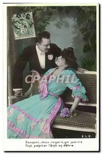 Fantaisie - Couple - Bouquet doux regard gai sourire font palpiter l&#39ame en delire - Cartes postales