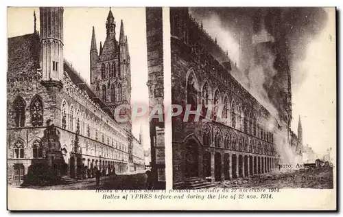 Ansichtskarte AK Belgique Ypres Halles avant et apres l&#39incendie du 22 novembre 1914