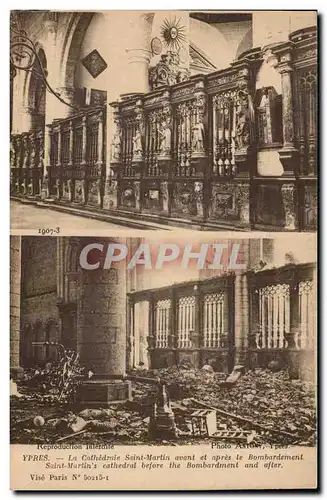 Cartes postales Belgique Ypres La cathedrale Saint Martin avant et apres le bombardement