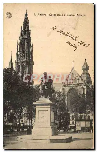 Cartes postales Belgique Anvers CAthedrale et statue Rubens
