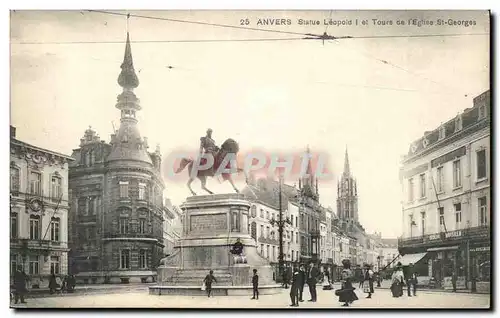 Belgique - Belgien - Belgium - Anvers - Antwerpen - Statue Leopod et Tours de l&#39Eglise St Georges