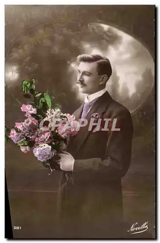 Fantaisie - Homme avec jolie bouquet - Bonne Anniversaire - Cartes postales