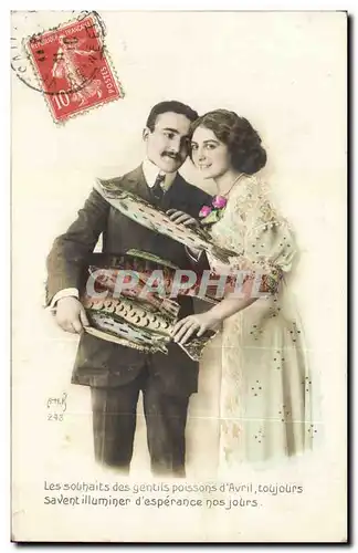 Fantaisie - Couple - 1er Avril - Poisson d&#39avril - Les souhaits des gentils poissons - Cartes postales