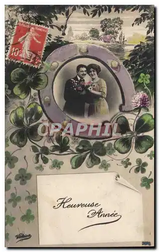 Couple - Fete - Heureuse Annee - Trefle a quatre feuilles - four leaf clover - lucky charm - Cartes postales