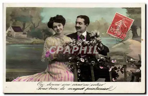 Fantaisie - Couple - On donne son coeur entier Pour bien de muguet printanier - Cartes postales