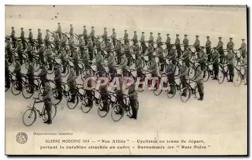 Guerre moderne 1914 Nos allies Cyclistes en tenue de depart Les rats noirs (cycling cycle militaria)