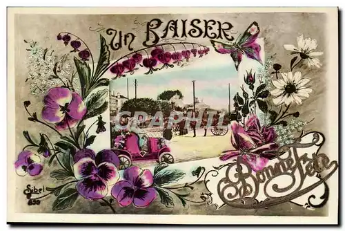 Ansichtskarte AK Fantaisie Un baiser Bonne fete (carte en relief) EXCEPTIONNEL (papillon butterfly automobile)
