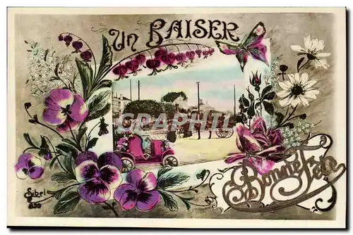Cartes postales Fantaisie Un baiser Bonne fete (carte en relief) EXCEPTIONNEL (papillon butterfly automobile)