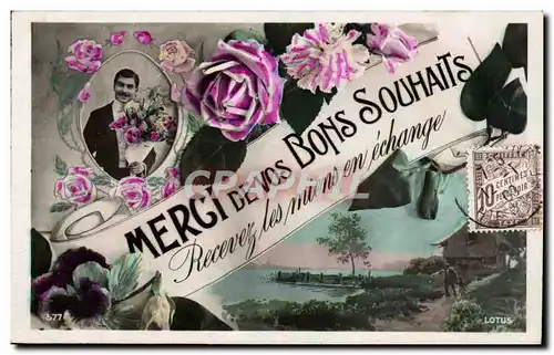 Cartes postales Fantaisie Merci de vos bons souhaits Recevez les miens en echange (Homme fleurs)