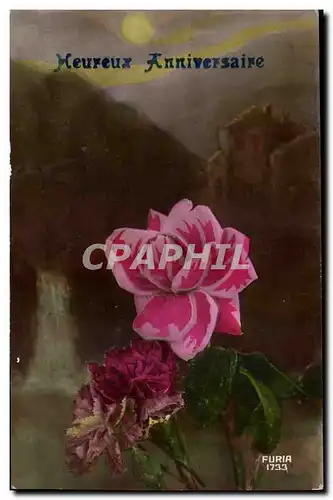 Cartes postales Fantaisie Fantasy Heureux anniversaire Fleurs Rose