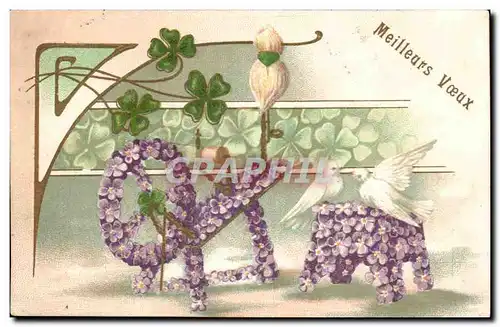Fantaisie - Meilleurs Voeux - four leaf clovers and doves - dore - relief - textured card - Cartes postales