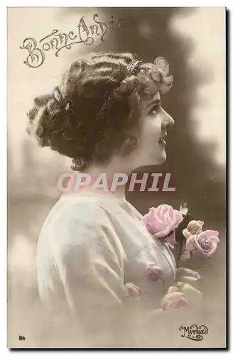 Fantaisie - Fete - Bonne Annee - Femme avec les roses - Woman in profile with swirling hairdo - Ansichtskarte AK