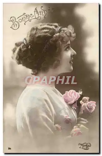 Fantaisie - Fete - Bonne Annee - Femme avec les roses - Woman in profile with swirling hairdo - Cartes postales