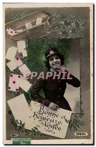 Fantaisie -La factrice - Bonne et Heureuse Annee - boite a lettre - smiling letter carrier la poste