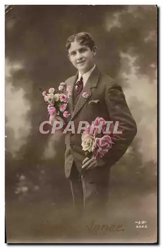 Fantaisie - Jeune Homme avec fleurs - Ansichtskarte AK