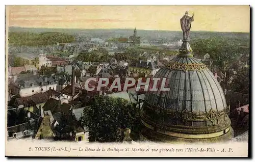 Cartes postales Tours Le dome de la basilique St Martin et vue generale vers l&#39hotel de ville