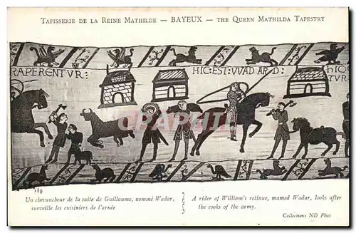 Tapissserie de la reine Mathilde Bayeux Ansichtskarte AK Un chevaucher de la suite de Guillaume