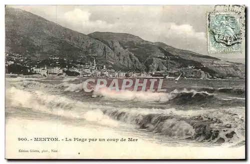 Menton - La Plage par un coup de Mer - Cartes postales