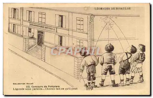 Ansichtskarte AK Illustrateur Legendes de St Saulge Concours de pompiers (fireman)