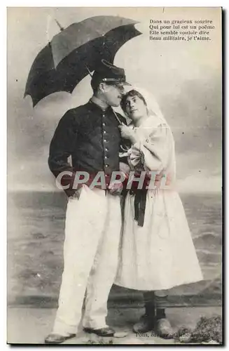 Fantaisie - Femme - Couple - Dans un gracieux sourire qui pour lui un poeme - parapluie - soldat - C