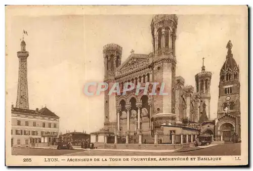 Lyon - Ascenseur de la Tour de Fourvieres - Archeveche et Basilique - Ansichtskarte AK