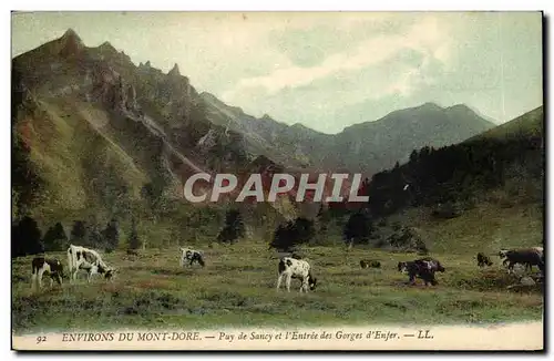 Cartes postales Environs du Mont Dore Puy de Sancy et l&#39entree des gorges d&#39enfer (vaches)