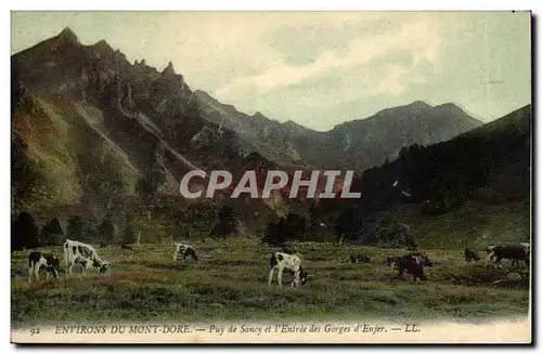 Cartes postales Environs du Mont Dore Puy de Sancy et l&#39entree des gorges d&#39enfer (vaches)