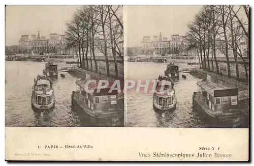 Paris - 4 - Vue Stereoscopiques - Julien Damoy - Paris Hotel de Ville - bateau Cartes postales