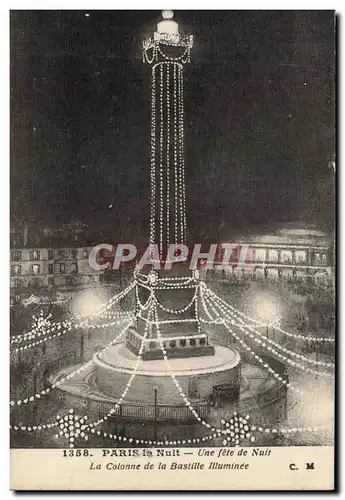 Paris - 10 - Une fete de Nuit - Place de la Bastille - Illuminee Ansichtskarte AK