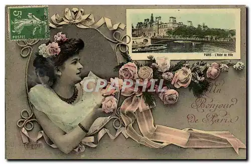 Paris - 1 - Un Bonjour de Paris - Femme - Fantaisie - Souvenir - Cartes postales