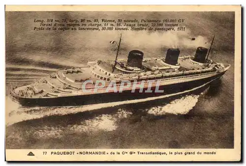 Cartes postales Paquebot Normandie de la Compagnie Generale Transatlantique Le plus grand du monde (paquebot)