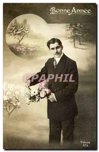 Fantaisie - Homme - Fetes - Bonne Annee - fleurs - Cartes postales