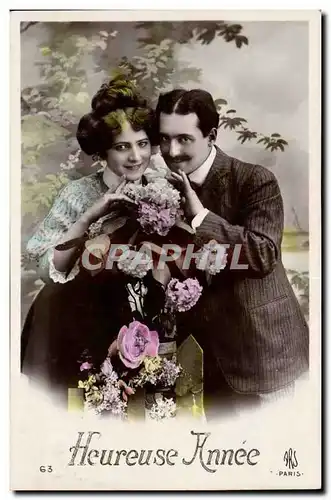 Fantaisie - Couple - Happy Couple with flowers - Ansichtskarte AK