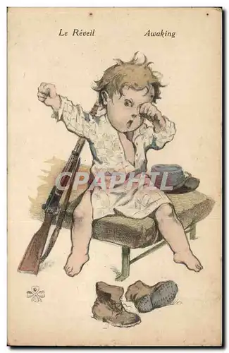 Ansichtskarte AK Fantaisie Enfant Le reveil (soldat militaria)