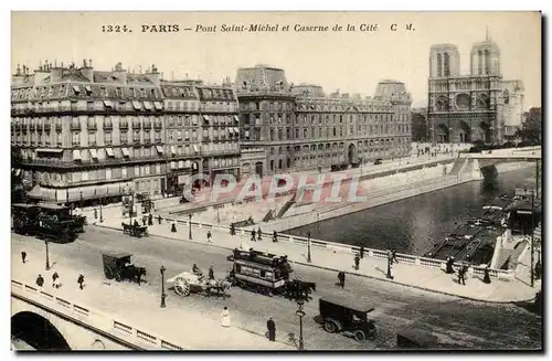 Paris - 4 - Le Pont Saint Michel et Caserne de la Cite - velo - automobile - autobus Mercedes - Cartes postales