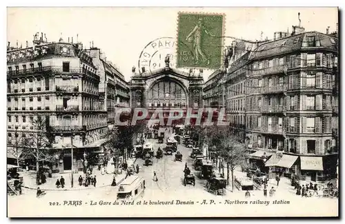 Paris - 10 - Gare du Nord et le Boulevard -Denain - tramway Ansichtskarte AK