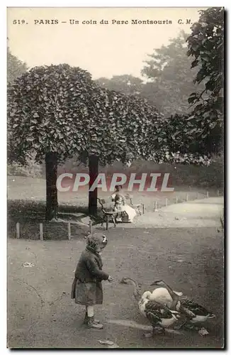 Paris - 14 - Un Coin de Montsouris - oie - enfant- darling little girl feeding the geese Ansichtskarte AK