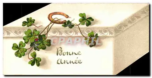 Cartes postales Fantaisie Bonne annee Fleurs Trefle Boite Box Fer a cheval