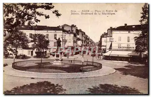 Ansichtskarte AK Agen Place et statue de Jasmin Boulevard de la Republique