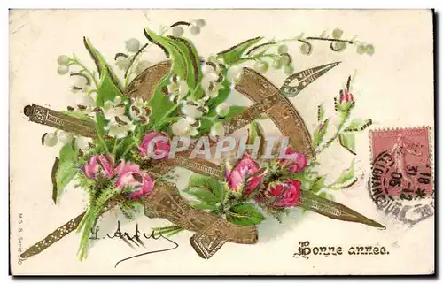 Cartes postales Fantaisie Fleurs et lances dorees Bonne annee