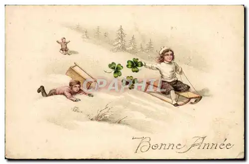 Fetes - Bonne Annee - trefle - luge - four leaf clover - sled - sport d&#39hiver - Ansichtskarte AK