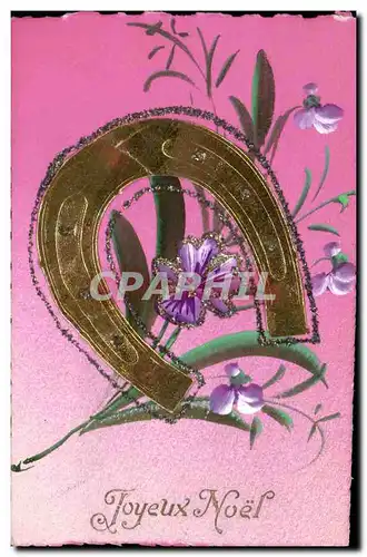 Fetes - Jouyeux Noel - Happy Christmas - Weihnachten - cheval a fer - horse shoe - glitter card - CP