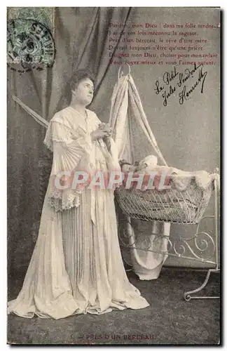 Fantaisie - Femme - Bebe - berceau - baby in a cradle - praying Mother Ansichtskarte AK