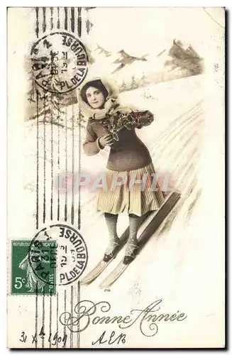 Cartes postales Fantaisie Femme a ski Bonne annee