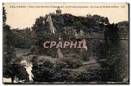 Cartes postales Paris Parc des Buttes Chaumont Le pont suspendu Le lac et le belvedere