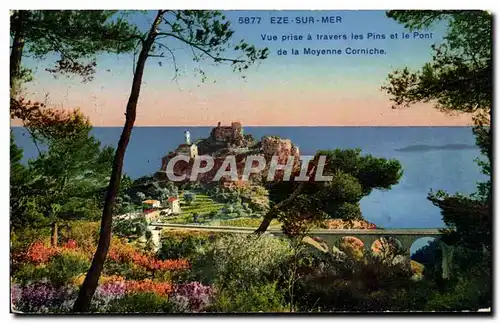 Cartes postales Eze sur Mer Vue prise a travers les pins et le pont de la Moyenne corniche